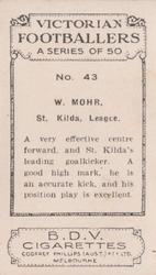 1933 Godfrey Phillips B.D.V. Victorian Footballers (A Series of 50) #43 Bill Mohr Back